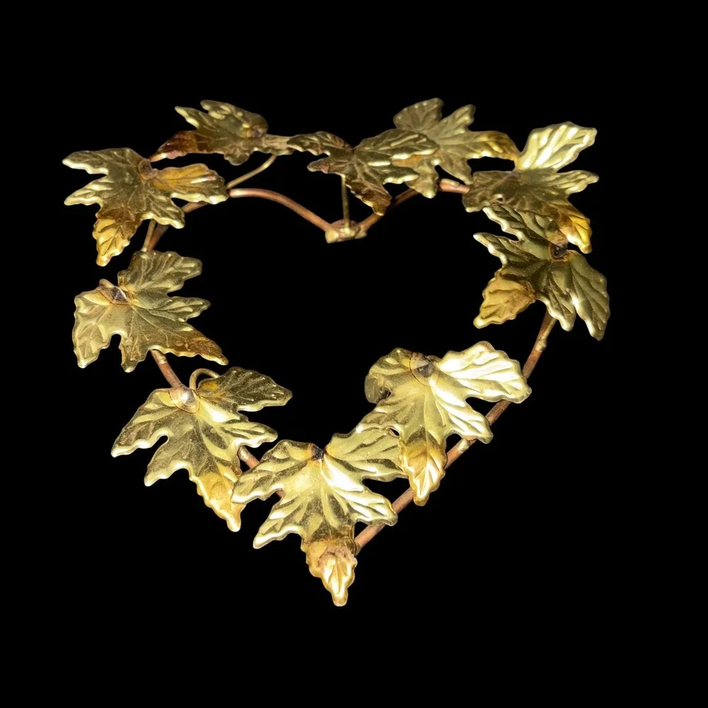 Vtg Homco Brass Ivy Leaf Heart Wreath Wall Plaque Hanging